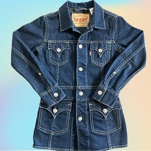 Levi's Type 1 Long Iconic Jacket Dark Wash Stretch Denim Jacket, Like New